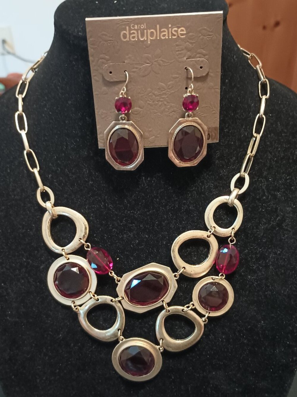 Gold with Red Stones Statement Necklace and Earrings (NWT)